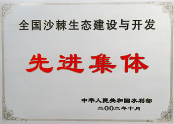 2002年荣获水利部全国沙棘生态建设与开发先进集体称号